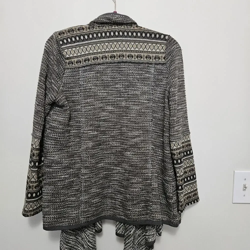 En Creme Small Duster Cardigan Sweater Gray Long Sleeve Open Front SW/Fair Isle